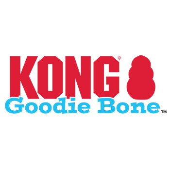 Logo KONG rouge avec silhouette de jouet rouge et texte « Goodie Bone » en bleu.