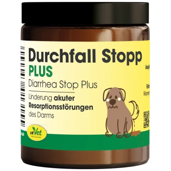 Braunes Glas mit dem Etikett "Durchfall Stopp PLUS" mit einem Cartoon-Hund, das anzeigt, dass es hilft, akute Störungen der intestinalen Absorption zu lindern.