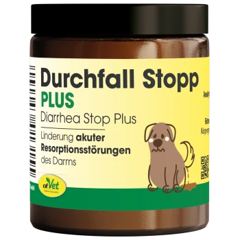 Braunes Glas mit dem Etikett "Durchfall Stopp PLUS" mit einem Cartoon-Hund, das anzeigt, dass es hilft, akute Störungen der intestinalen Absorption zu lindern.