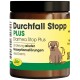 Braunes Glas mit dem Etikett "Durchfall Stopp PLUS" mit einem Cartoon-Hund, das anzeigt, dass es hilft, akute Störungen der intestinalen Absorption zu lindern.