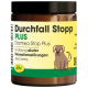 Braunes Glas mit dem Etikett "Durchfall Stopp PLUS" mit einem Cartoon-Hund, das anzeigt, dass es hilft, akute Störungen der intestinalen Absorption zu lindern.