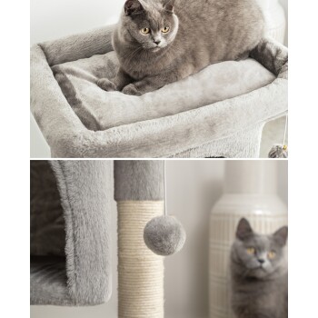 Grau plüschiger Katzenbaum mit einem baumelnden Pom-Pom-Spielzeug, das einen gemütlichen Rückzugsort bietet.