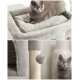 Grau plüschiger Katzenbaum mit einem baumelnden Pom-Pom-Spielzeug, das einen gemütlichen Rückzugsort bietet.