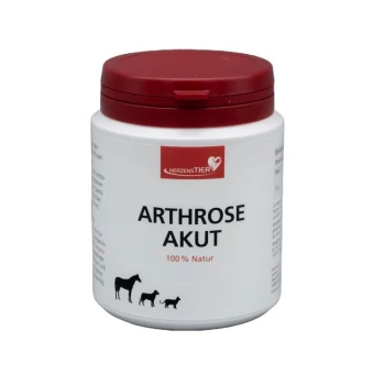 Weißer Behälter mit rotem Deckel, beschriftet mit „ARTHROSE AKUT 100% Natur“ von HerzensTIER, zeigt Pferd-, Hund- und Katzen-Symbole.
