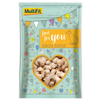 MultiFit Rice Pops for Dogs packaging with a heart-shaped window, colorful festive designs, and multilingual text.