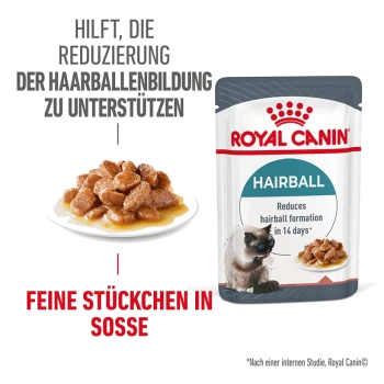 Royal Canin Hairball Katzenfutter, mit zarten Stückchen in Sauce, behauptet, die Bildung von Haarballen in 14 Tagen zu reduzieren.