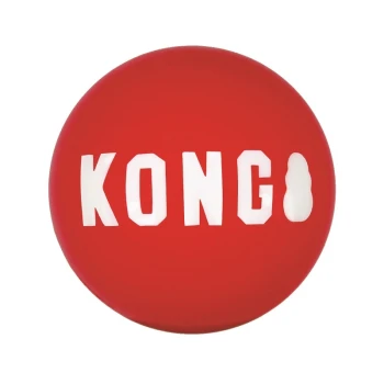 Signature Ball 2er Pack Rotes KONG-Hundespielzeug mit weißer Schrift, die "KONG" deutlich auf der Oberfläche zeigt.