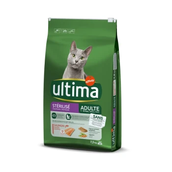 Sac vert de nourriture pour chats Ultima pour chats adultes stérilisés, avec une image de chat gris, étiqueté "SAUMON" et "7,5 kg."