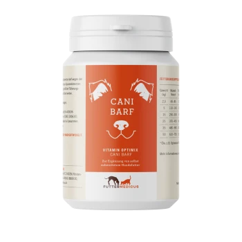 Weißes Ergänzungsgefäß mit orangefarbenem Etikett, Hundegesichts-Grafik und den Texten 'CANI BARF' und 'Vitamin Optimix', Futtermedicus-Logo.