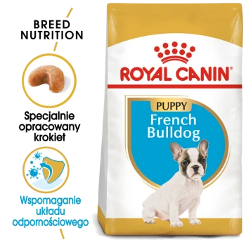Karma Royal Canin dla szczeniąt buldogów francuskich, z obrazkiem szczeniaka, z tekstem podkreślającym odżywianie rasy i wsparcie odporności.