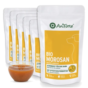 Bio-Morosan-Hundefutterpackungen mit gelbem Design und deutschem Text zur Darmgesundheit, neben einer Schüssel mit dem Produkt.