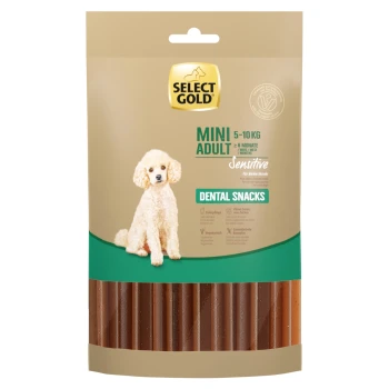 Select Gold Mini Adult Dental Snacks voor honden van 5-10 kg, met een poedel op de verpakking, gelabeld 'Sensitive' en 'Zahnpflege.'