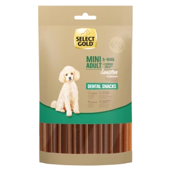 Select Gold Mini Adult Dental Snacks für Hunde von 5-10 kg, mit einem Pudel auf der Verpackung, beschriftet mit 'Sensitive' und 'Zahnpflege.'