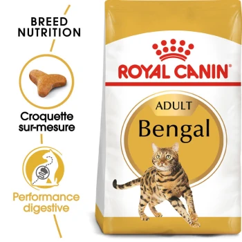 Sac de nourriture pour chat Royal Canin Adult Bengal avec une illustration d'un chat Bengal en train de courir, avec un texte mettant en avant la nutrition de la race et la performance digestive.