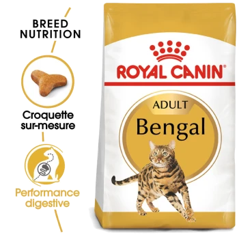 Sac de nourriture pour chat Royal Canin Adult Bengal avec une illustration d'un chat Bengal en train de courir, avec un texte mettant en avant la nutrition de la race et la performance digestive.