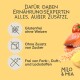 Bild, das Milo & Mia Tiernahrung bewirbt, mit glutenfreien, zuckerfreien und zusatzstofffreien Eigenschaften, und Bildern von Lachs, Tomaten und Reis.