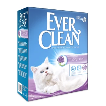 Ever Clean Lavendel Katzenstreu mit einer flauschigen weißen Katze, beschriftet mit "Super Premium Klumpende Katzenstreu" und "10L Niedrigstaub-Formel."