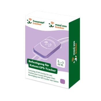 Befestigungsrahmen für Fressnapf GPS-Tracker Katze lila Verpackung für einen Katzen-GPS-Tracker, mit dem Text "Befestigung für Katzen GPS-Tracker" und Logos für "fressnapf" und "maxi zoo."
