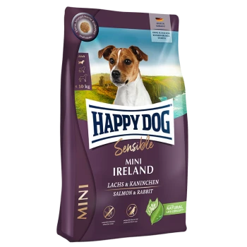 Happy Dog Sensible Mini Ireland Hundefutterbeutel, der Lachs und Kaninchen enthält, geeignet für erwachsene Hunde unter 10 kg.