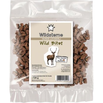Klarsichtbeutel Wildsterne "Wild Bites" Hundesnacks, beigefarbenes Etikett mit Hirschillustration, Schrift HUNDE-LECKERLI und 125 g.