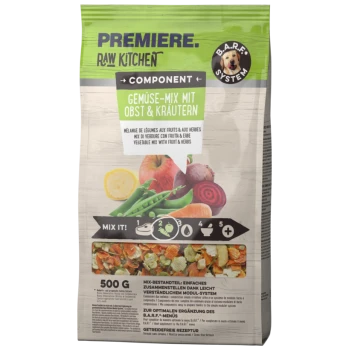 Premiere Raw Kitchen Gemüse-Mix mit Obst und Kräutern, 500g-Packung, mit buntem Gemüse und einem Mischanleitungsführer.