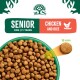 Senior dog food featuring chicken and rice, with kibble size highlighted as 15 mm, displayed in a green bowl.
