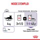 Infographie pour Royal Canin Feline Appetite Control : nourrir un chat de 4 kg nécessite 3,5 boîtes ou 1 boîte plus 43 g de nourriture sèche, plus de l'eau.
