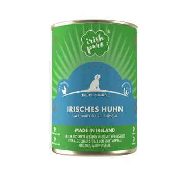 Dosen-Hundefutter mit der Aufschrift "Irish Pure Junior Sensitivity" mit Hähnchen, Gemüse und 1,5 % Algen, hergestellt in Irland.