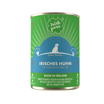 Dosen-Hundefutter mit der Aufschrift "Irish Pure Junior Sensitivity" mit Hähnchen, Gemüse und 1,5 % Algen, hergestellt in Irland.