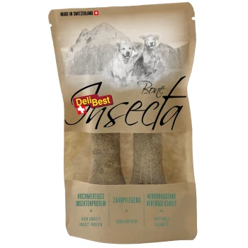 DeliBest Insecta Hundeleckerlipackung mit zwei knochenförmigen Snacks, Bergkulisse und Text: 'Hochwertiges Insektenprotein', 'Gut für die Zähne.'