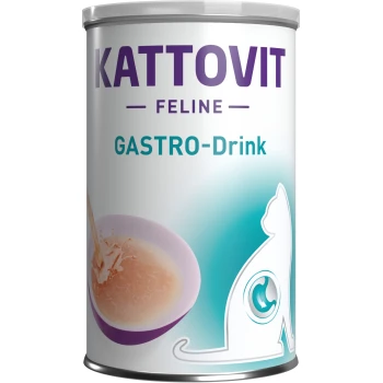 Gastro Drink 12 x 135 ml Canette de Kattovit Feline Gastro-Drink présentant une éclaboussure de liquide dans un bol, avec le nom du produit affiché en évidence.