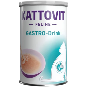 Canette de Kattovit Feline Gastro-Drink présentant une éclaboussure de liquide dans un bol, avec le nom du produit affiché en évidence.