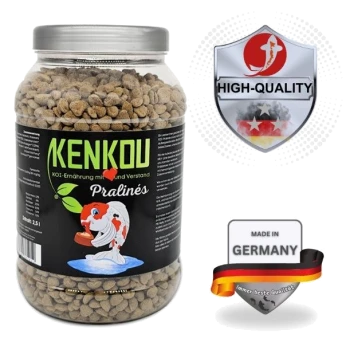 Kenkou Koi-Futter in einem klaren Glasbehälter, mit einem Cartoon-Koi-Fisch auf dem Etikett, mit 'Hochwertig' und 'Made in Germany'-Abzeichen.