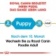 Royal Canin Hundefutterverpackung, die Informationen über den Übergang von Welpen- zu Erwachsenenfutter mit 10 Monaten enthält, mit einem blauen und roten Design.