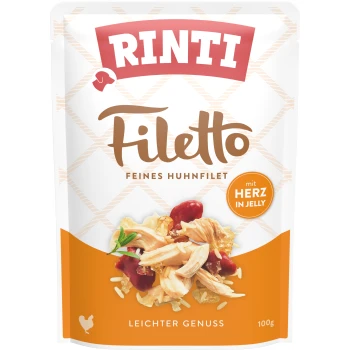Filetto 24x100g Huhn und Hühnerherzen Rinti Filetto Haustierfutterbeutel mit feinem Hühnerfilet mit Herz in Gelee, 100g, beschriftet mit "leichter Genuss".