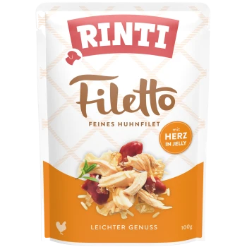 Rinti Filetto Haustierfutterbeutel mit feinem Hühnerfilet mit Herz in Gelee, 100g, beschriftet mit "leichter Genuss".