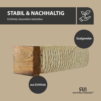 Nahaufnahme eines langlebigen Kratzpfostens für Haustiere aus echtem Holz und Sisalstoff, mit dem Label „Stabil & Nachhaltig“.