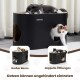 Schwarzes PetRhein-Katzenbett auf Teppich mit einer schwarzen Katze, die oben liegt, und einer schwarz-weißen Katze, die durch ein seitliches Loch schaut.