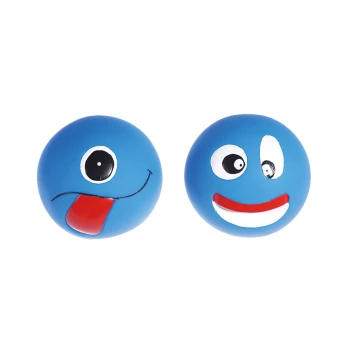 Zwei blaue Gummibälle mit verspielten Gesichtsausdrücken: einer mit herausgestreckter Zunge und der andere mit einem breiten Lächeln und einem zwinkernden Auge.