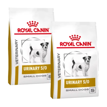 Deux sacs de régime vétérinaire Royal Canin pour petits chiens, étiquetés "Urinary S/O," avec une illustration de petit chien et un logo de couronne.