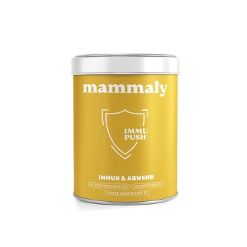 Gelbe Mammaly Supplement-Dose mit Aufschrift 'IMMU PUSH', Schild-Logo und Text 'IMMUN & ABWEHR'.