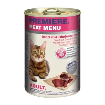 Eine Dose Premiere Meat Menu Katzenfutter mit einer getigerten Katze auf dem Etikett, beschriftet mit 'Rind mit Rinderherzen', getreidefrei, 100% frisches Fleisch, für erwachsene Katzen.