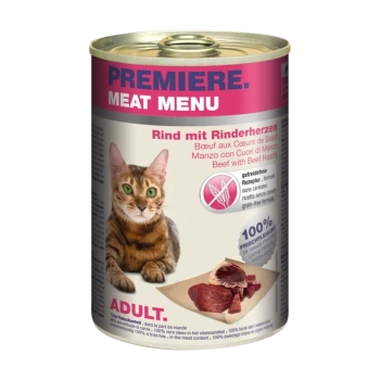 Eine Dose Premiere Meat Menu Katzenfutter mit einer getigerten Katze auf dem Etikett, beschriftet mit 'Rind mit Rinderherzen', getreidefrei, 100% frisches Fleisch, für erwachsene Katzen.