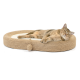 Eine entspannte Katze, die auf einem gemütlichen, ovalen Katzenbett aus natürlichem Seil liegt, mit einem verspielten Ball, der an der Seite befestigt ist.