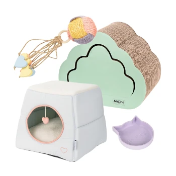 Ein mintgrüner Wolkenkratzbaum, ein weißes herzförmiges Haustierbett, eine lavendelfarbene Katzenschüssel und ein farbenfrohes herzförmiges hängendes Spielzeug.