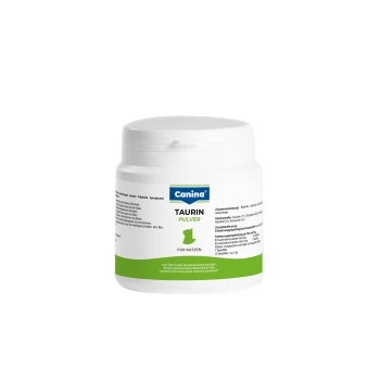 Weißer Behälter mit Canina Taurin-Pulver für Katzen, mit grünem Etikett, Nährwertinformationen und Anwendungshinweisen.