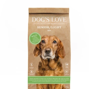 Verpackung von Dog's Love Senior/Light Hundefutter, mit einem braunen Papierbeutel mit grüner und weißer Schrift, der anzeigt, dass es für Hunde ab 10 Jahren geeignet ist.