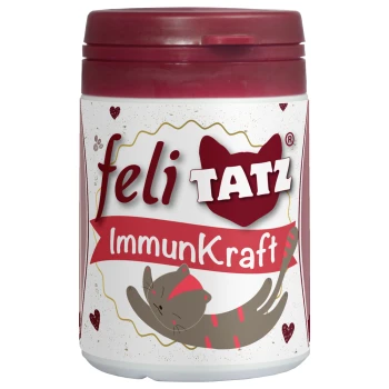 Behälter mit 'feli TATZ ImmunKraft' Katzenzusatz, mit einer verspielten Katzenillustration und einem roten Deckel.