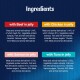 Ingredients for pet food options: Beef, Chicken, Salmon, and Tuna in jelly, detailing meat content and other components.