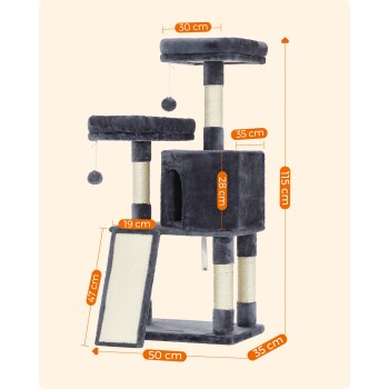 Grauer Katzenbaum mit zwei Plattformen, einem Kratzbaum und einem gemütlichen Versteck, mit den Abmessungen: 115 cm Höhe, 50 cm Basis.
